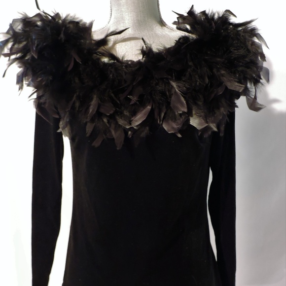 Onyx Nite Tops - Black Velvet Marabou Feathers Dressy Top Onyx Nite